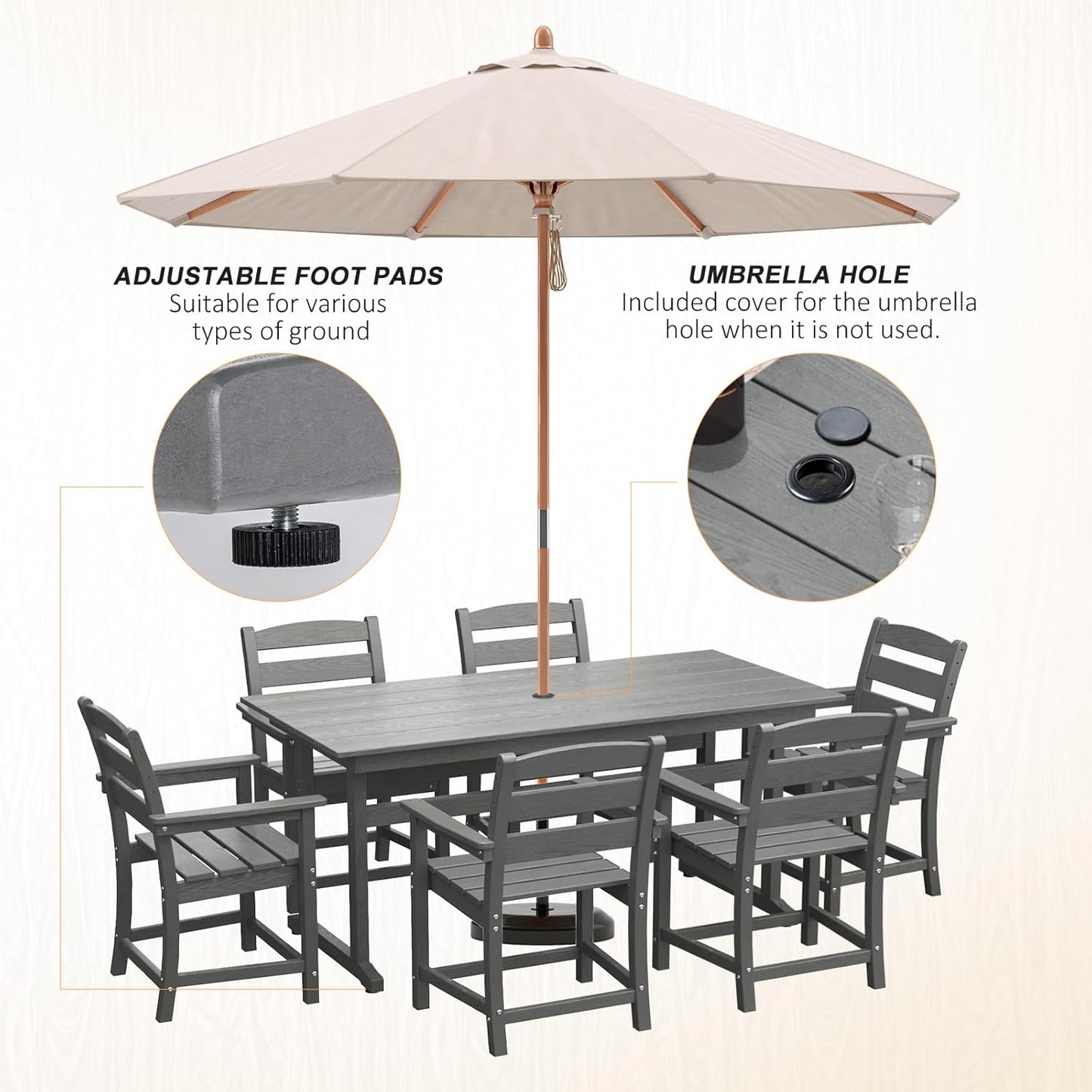7pcs Outdoor Dining Set, HDPE Patio Dining Set for 6, All-Weather Outdoor Table and Chairs with Umbrella Hole & Adjustable Pads, Modern Patio Furniture Set for Backyard, Poolside &Lawn (Grey)