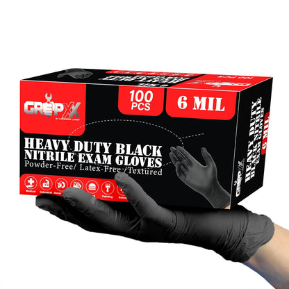 Heavy Duty 6 Mil Black Nitrile Gloves - Disposable, Latex & Powder Free | Mechanic, Food Prep & Tattoo | Rubber Gloves for Cooking, Cleaning & Household | Pack of (100)