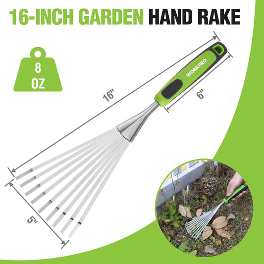 WORKPRO 16" Hand Rake, Heavy Duty Stainless Steel Garden Rake with Soft Handle, Small Garden Hand Tool for Gardening, Cultivating, Loosening Soil & Spreading Mulch, Flower Beds