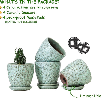 Succulent Planter for Indoor Plants, 4 Inch Small Ceramic Plant Pot with Drainage Holes and Saucers, Flower Pots for herb - Set of 4