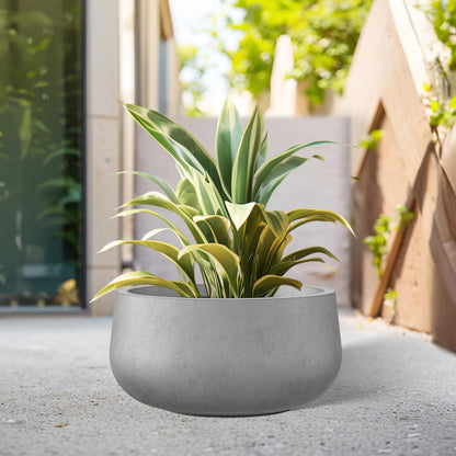 Kante 11.8" Dia Round Concrete Planter, Cement Plant Pots with Drainage Hole and Rubber Plug for Outdoor Indoor Garden Home, Modern Curvaceous Design, Natural Concrete