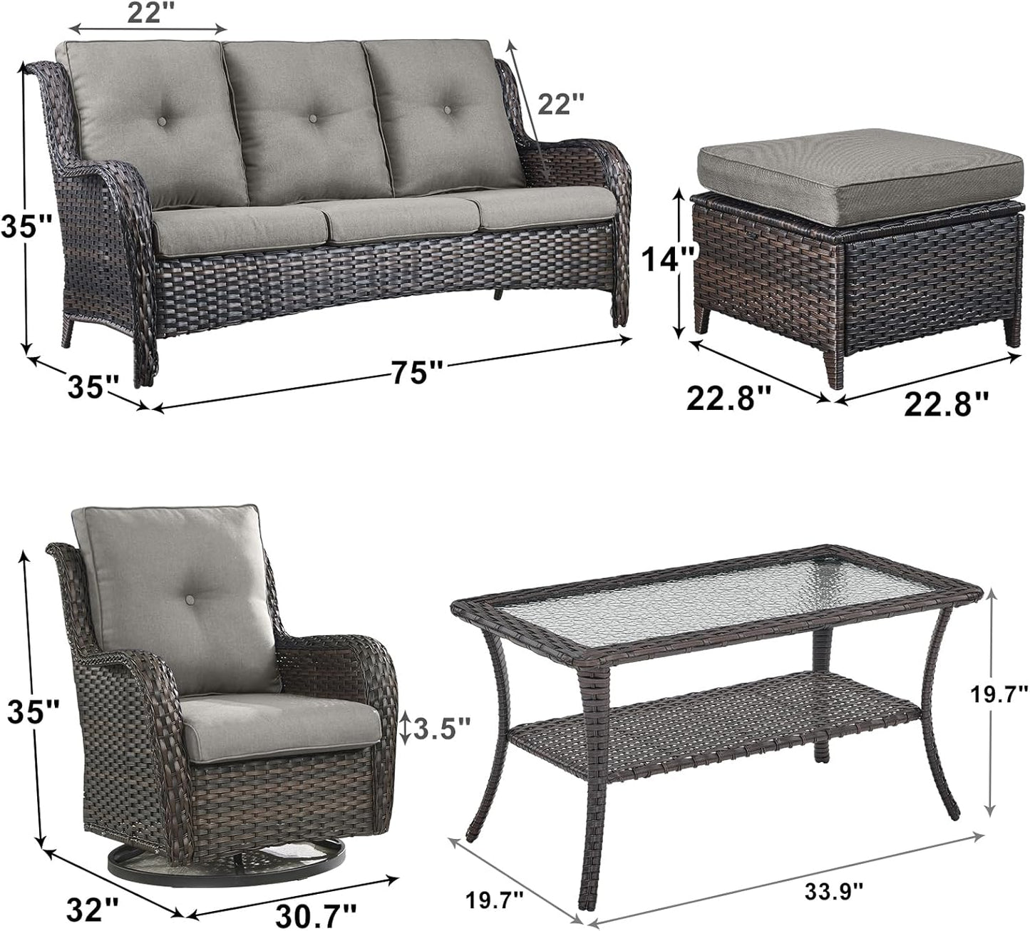 Outdoor Wicker Patio Furniture Set - 6 Piece Rattan Patio Conversation Set with 2 Rocking Swivel Chairs,2 Ottomans,1 Sofa and 1 Coffee Table for Porch Deck Backyard Garden(Brown/Grey)