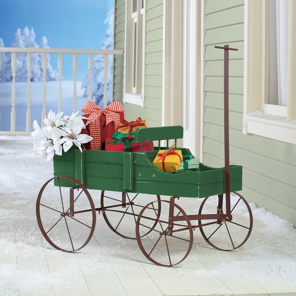 Collections Etc Amish Wagon Decorative Indoor/Outdoor Garden Backyard Planter, Green