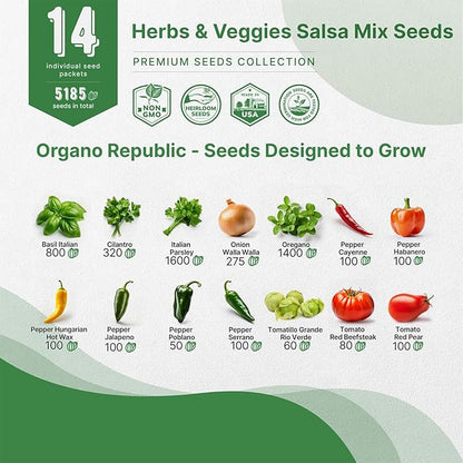 Organo Republic 14 Herbs & Veggies Salsa Mix Seeds Variety Pack - 5,180+ Non GMO Heirloom Herb, Tomato & Chili Pepper Seeds for Planting Outdoor & Indoor Home Gardening: Basil, Cilantro Onion, Peppers