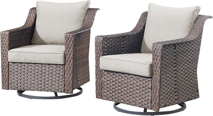 Outdoor Patio Wicker Swivel Chairs - Set of 2 Outside Resin Rattan Rocker Glider Gliding Chair Rocking Armchairs for Front Porch Balcony Backyard Yard Deck Poolside Apartment – Brown/Beige