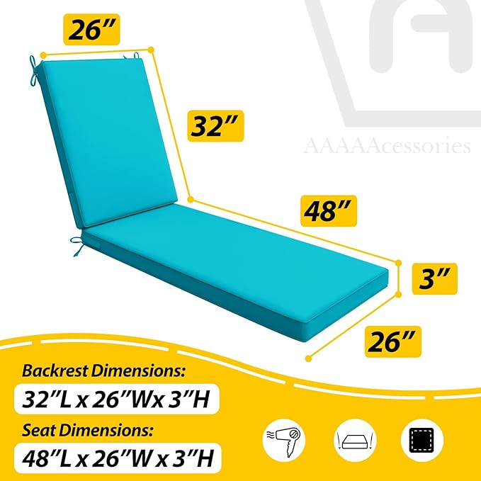AAAAAcessories Outdoor Chaise Lounge Cushions, Waterproof, Fade-Resistant Patio Furniture Replacement Cushions, 80" x 26" x 3", Turquoise Blue