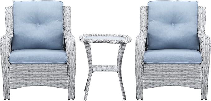 Rilyson Patio Bistro Set Wicker Chairs - 3 Piece Outdoor Rattan Conversation Set with 2 Armrest Chair and 1 Side Table for Proch Deck Garden Backyard Balcony(Light Grey/Sky Blue)