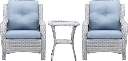 Rilyson Patio Bistro Set Wicker Chairs - 3 Piece Outdoor Rattan Conversation Set with 2 Armrest Chair and 1 Side Table for Proch Deck Garden Backyard Balcony(Light Grey/Sky Blue)