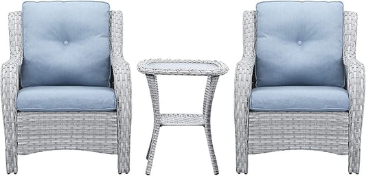 Rilyson Patio Bistro Set Wicker Chairs - 3 Piece Outdoor Rattan Conversation Set with 2 Armrest Chair and 1 Side Table for Proch Deck Garden Backyard Balcony(Light Grey/Sky Blue)