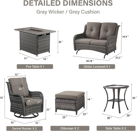 8 Piece Outdoor Patio Furniture Set - 41" CSA Propane Fire Pit Table Patio Conversation Set with Swivel Rocker Outdoor Chairs, Wicker loveseat and Ottoman for Outside Casual Gathering
