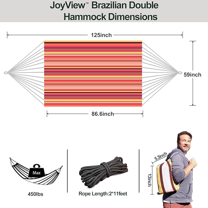 JoyView Brazilian Double Hammock with Hanging Ropes Extra Large 86.6x59” Portable Cotton Hammock for Patio Backyard Porch 450LBS Weight Capacity Perfect for Outdoor/Indoor - Red Stripes