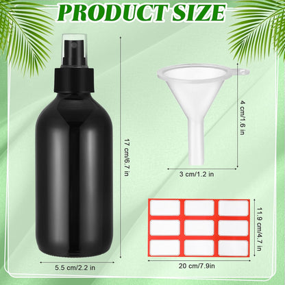 Norme 12 Pcs 8 oz Glass Spray Bottles with Funnels and Labels Refillable Cosmetic Empty Spray Bottles with Sprayer Containers for Essential Oil Cleaning Solutions(Black,Stylish)