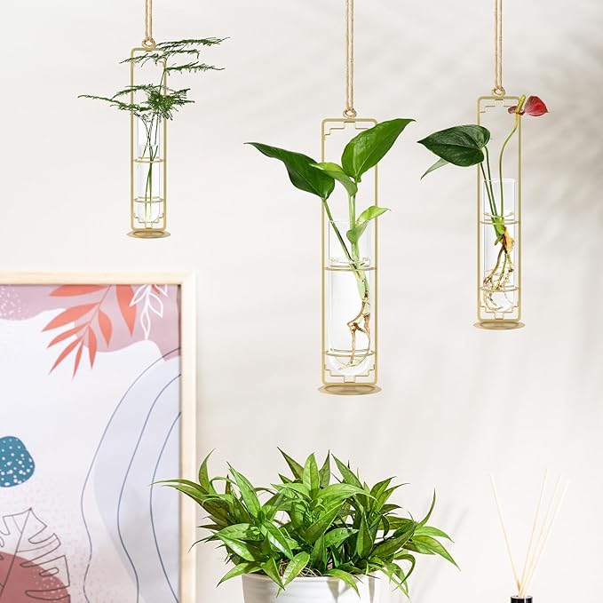 MIPON Plant Propagation Stations,Hanging Glass Propagation Test Tube Vases for Plants with Gold Metal Stand for Hydroponic Cutting Home Garden Office Decor-Gold