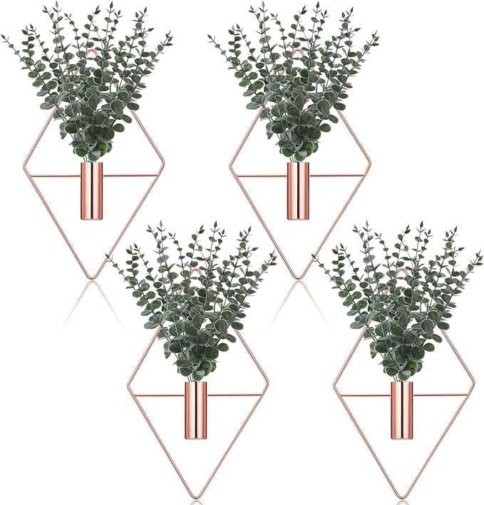 Jexine Hanging Planters with Artificial Eucalyptus Metal Hanging Vase Indoor Plants Holder Modern Geometric Boho Bathroom Wall Decor for Living Room Home Office(Rose Gold,8 Pcs)