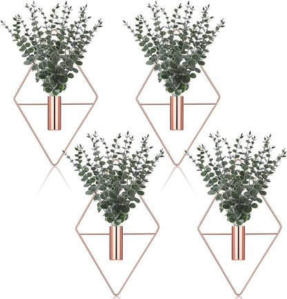 Jexine Hanging Planters with Artificial Eucalyptus Metal Hanging Vase Indoor Plants Holder Modern Geometric Boho Bathroom Wall Decor for Living Room Home Office(Rose Gold,8 Pcs)