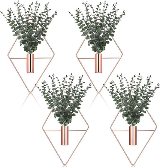 Jexine Hanging Planters with Artificial Eucalyptus Metal Hanging Vase Indoor Plants Holder Modern Geometric Boho Bathroom Wall Decor for Living Room Home Office(Rose Gold,8 Pcs)