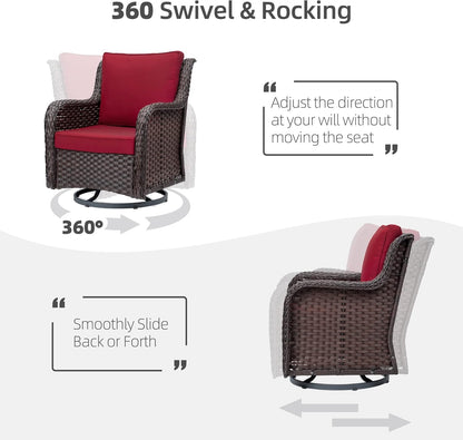Towallmark Outdoor Swivel Wicker Glider Patio Chairs with Table Set, 3 Pieces Outdoor Bistro Set with 4”Thick Cushions and Coffee Table for Porch, Balcony, Deck (Red)