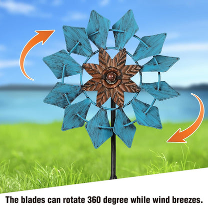 3 Pack Wind Spinners with Metal Stake, 16.3 Inches Yard Garden Sculptures for Outdoor Spring Decoration Lawn Patio Wind Catcher Windmill (Blue Flower)