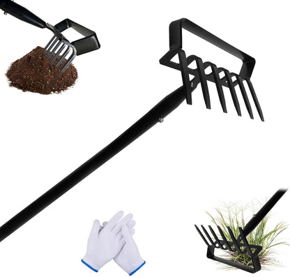6-Tines Rake and Stirrup Hoe, Metal Garden Hula Hoes Tiller Rake Tool with Adjustable Long Handle, Action Scuffle Loop Hoe for Weeding, Digging, Loosening Soil