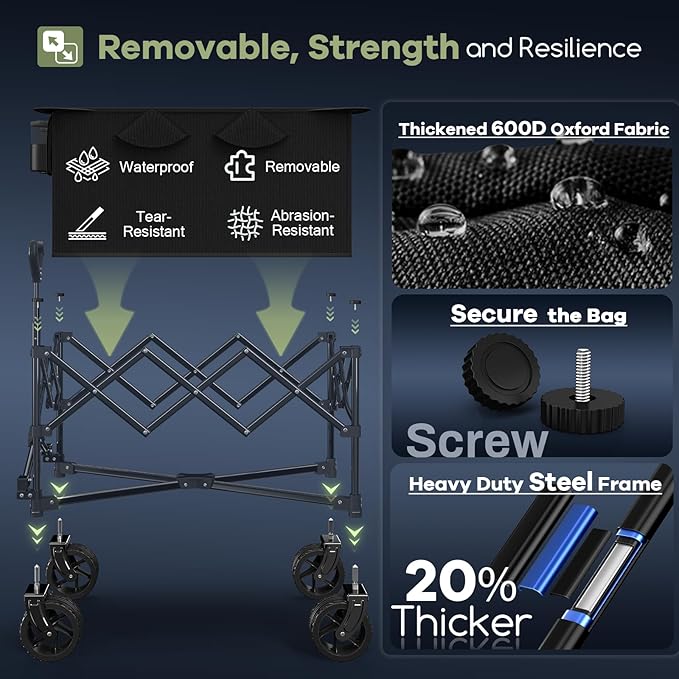 150L Collapsible Wagons Carts Foldable, 360LBS Heavy Duty Folding Beach Cart with Big All-Terrain Wheels, Portable Utility Wagon for Grocery, Shopping, Garden, Sports, Camping, Black