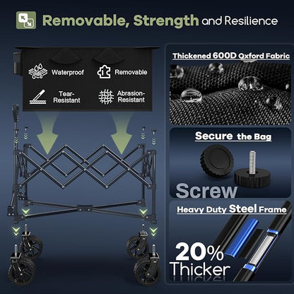 150L Collapsible Wagons Carts Foldable, 360LBS Heavy Duty Folding Beach Cart with Big All-Terrain Wheels, Portable Utility Wagon for Grocery, Shopping, Garden, Sports, Camping, Black