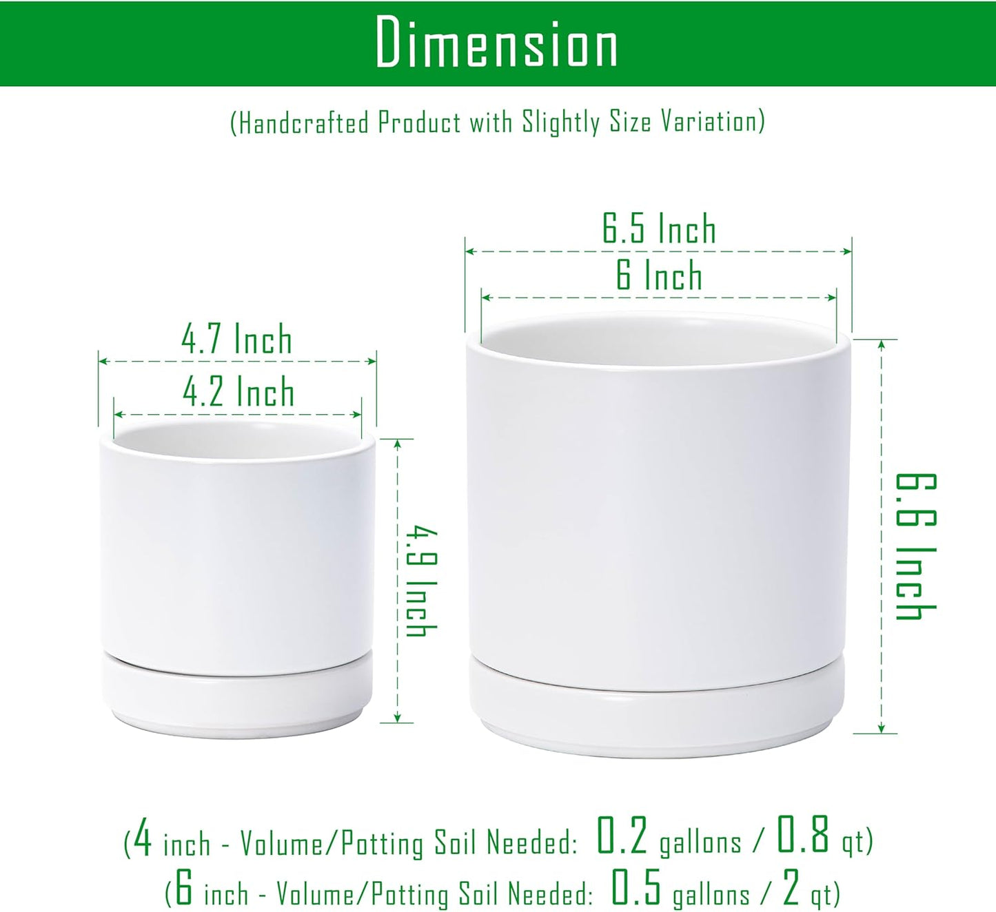 D'vine Dev 4.7 Inch & 6.5 Inch Ceramic Planter Pots for Plants with Drainage Hole and Saucer, Small Plant Pots Set, White, 94-G-S-1
