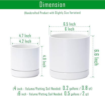 D'vine Dev 4.7 Inch & 6.5 Inch Ceramic Planter Pots for Plants with Drainage Hole and Saucer, Small Plant Pots Set, White, 94-G-S-1