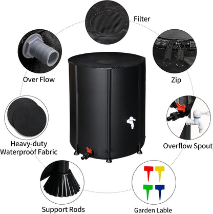 132 Gallon Collapsible Rain Barrel, Water Storage Tank, Portable Rainwater Collection System, Rain Catcher Barrel with Two Spigots and Overflow Kit, Rain Water Barrel Collector for Garden, Black
