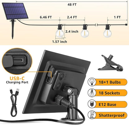 Mlambert 144FT(3x48FT) Solar String Lights with Remote, Outdoor Waterproof Patio Light with 54 LED Shatterproof G40 Bulbs(3 Spare) for Yard-Black Wire