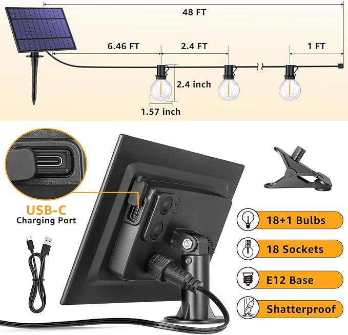 Mlambert 48Ft Solar String Lights, Outdoor Waterproof Patio Lights with 18 Shatterproof G40 Bulbs(1 Spare), Led Light for Backyard-Black Wire