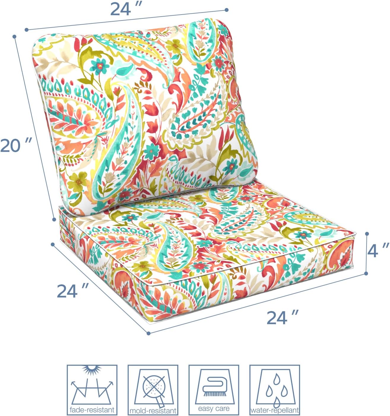 LVTXIII Outdoor Deep Seat Cushion Patio Seat and Back Cushion Set Seasonal Chair Cushion for Dining Arm Chairs, Wicker Chairs and Garden Furniture Decoration, 24"x24"x4", Pretty Paisley