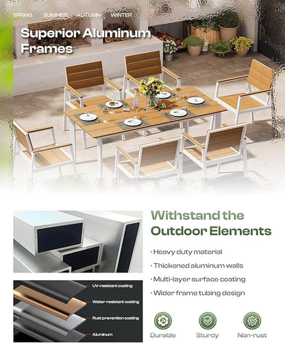 Outdoor Dining Set for 4, Patio Table and Chairs Set with Umbrella Hole, 5 Pieces HDPS Outdoor Furniture Sets for Patio, Garden, Backyard (White & Teak)