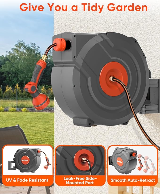 Retractable Garden Hose Reel 30m x 1/2" Any Length Lock 9 Pattern Nozzle 180° Swivel Wall Mounted Self Winding UV Resistant Heavy Duty Garden Outside Watering