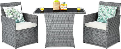 Tangkula 3 Pieces Patio Dining Set, Patiojoy Space-Saving PE Rattan Bistro Set with Tempered Glass Top Table and Cushioned Chairs, Outdoor Conversation Set for Garden, Backyard, Poolside, Porch