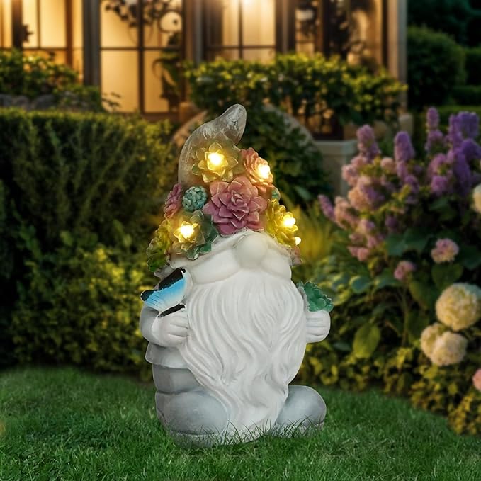 Solar Gnome Light up Figurine: Concrete Statue with Succulent & Butterfly Garden Decor Outdoor Decorations Yard Ornament - Mother’s Day Father’s Day Birthday Gift for Mom Dad Women