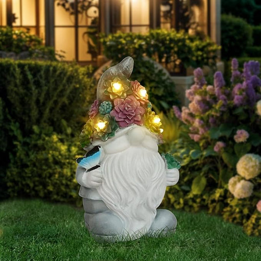 Solar Gnome Light up Figurine: Concrete Statue with Succulent & Butterfly Garden Decor Outdoor Decorations Yard Ornament - Mother’s Day Father’s Day Birthday Gift for Mom Dad Women