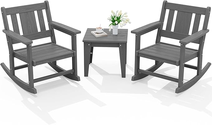SERWALL 3 Piece Rocking Bistro Set, Patio Furniture Set with 2 Outdoor Rocking Chairs and 1 Side Table for Backyard,Porch, Poolside, Balcony, and Garden- Grey