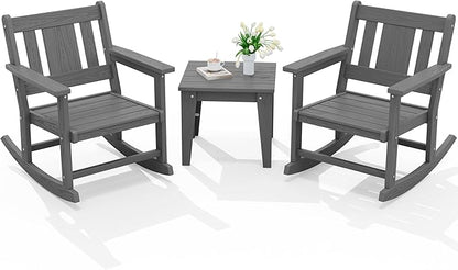 SERWALL 3 Piece Rocking Bistro Set, Patio Furniture Set with 2 Outdoor Rocking Chairs and 1 Side Table for Backyard,Porch, Poolside, Balcony, and Garden- Grey