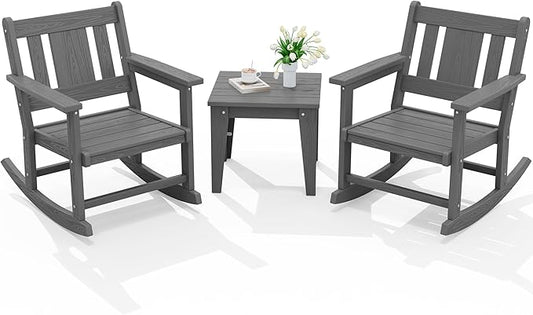 SERWALL 3 Piece Rocking Bistro Set, Patio Furniture Set with 2 Outdoor Rocking Chairs and 1 Side Table for Backyard,Porch, Poolside, Balcony, and Garden- Grey