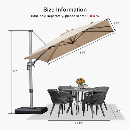 PURPLE LEAF 8’ X 8‘ Patio Umbrella Outdoor Cantilever Umbrella, Aluminum Offset Umbrella with Champagne Frame and 360° Rotation for Pool Deck Garden, Beige