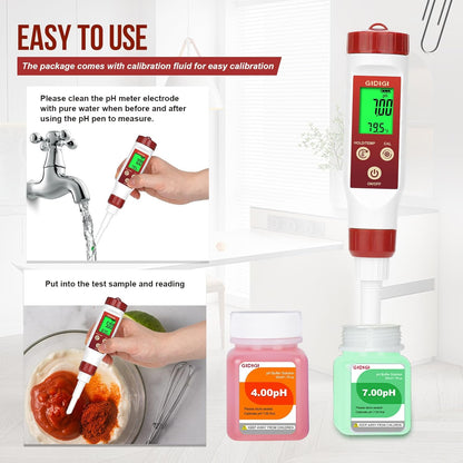 pH Meter for Food Digital pH Meter for Fermentation Hot Sauce Canning Spear Tip pH Food Tester Probe for Cheese Cooking Sourdough Bread Saliva Water Resistant Food Acidity Tester for Solid and Water