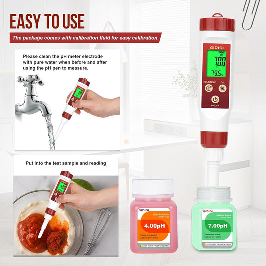 pH Meter for Food Digital pH Meter for Fermentation Hot Sauce Canning Spear Tip pH Food Tester Probe for Cheese Cooking Sourdough Bread Saliva Water Resistant Food Acidity Tester for Solid and Water