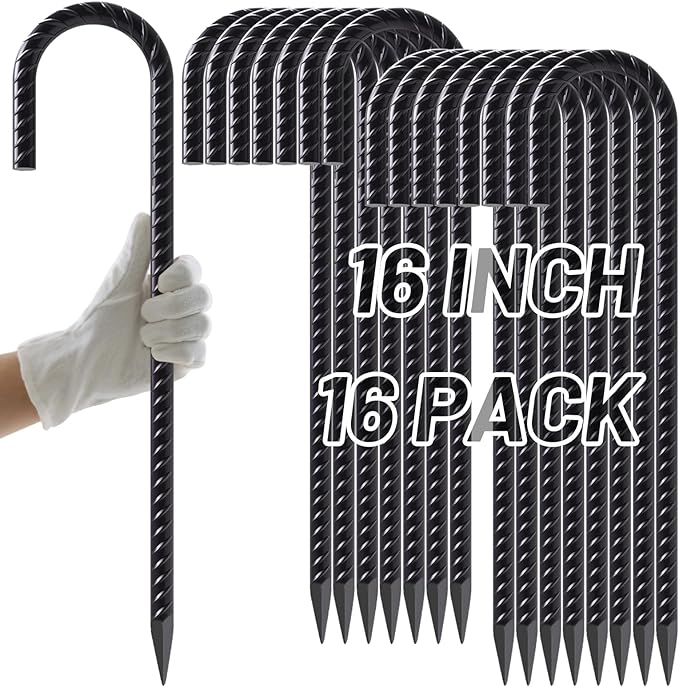 AAGUT Rebar Stakes 16 Inch J Hook Heavy Duty 16 Pack, 3/8 Inch Black Coated Metal Steel Ground Anchors Chain Link Fence Stakes for Camping Tent, Inflatables, Yard Decorations, Canopies & Swing Sets