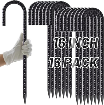 AAGUT Rebar Stakes 16 Inch J Hook Heavy Duty 16 Pack, 3/8 Inch Black Coated Metal Steel Ground Anchors Chain Link Fence Stakes for Camping Tent, Inflatables, Yard Decorations, Canopies & Swing Sets