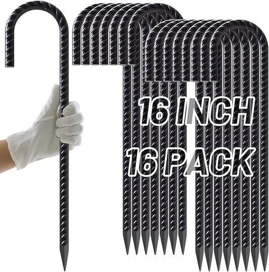 AAGUT Rebar Stakes 16 Inch J Hook Heavy Duty 16 Pack, 3/8 Inch Black Coated Metal Steel Ground Anchors Chain Link Fence Stakes for Camping Tent, Inflatables, Yard Decorations, Canopies & Swing Sets