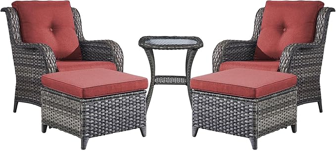 Rilyson Outdoor Patio Furniture Chairs Set - 5 Piece Wicker Rattan Patio Sectional Conversation Sets with 2 Armrest Chairs,2 Ottomans and Side Table for Porch Deck Balcony Garden(Mixed Grey/Red)