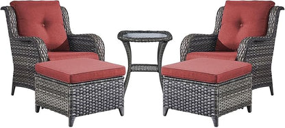 Rilyson Outdoor Patio Furniture Chairs Set - 5 Piece Wicker Rattan Patio Sectional Conversation Sets with 2 Armrest Chairs,2 Ottomans and Side Table for Porch Deck Balcony Garden(Mixed Grey/Red)
