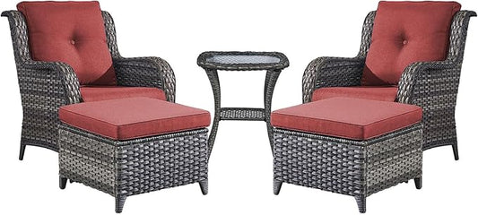 Rilyson Outdoor Patio Furniture Chairs Set - 5 Piece Wicker Rattan Patio Sectional Conversation Sets with 2 Armrest Chairs,2 Ottomans and Side Table for Porch Deck Balcony Garden(Mixed Grey/Red)