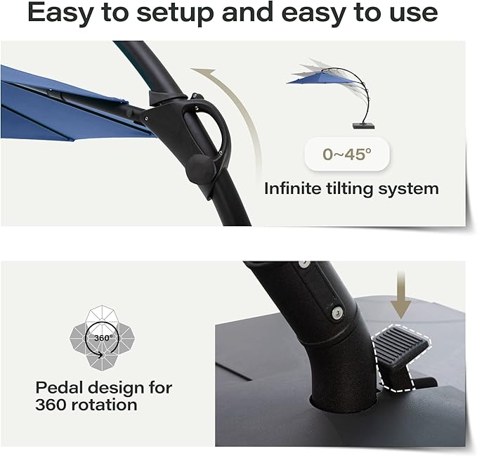 LAUSAINT HOME Outdoor Patio Umbrella with Base included, 12 FT Deluxe Curvy Cantilever Umbrella Offset Hanging umbrella with 360° Rotation for Market, Pool, Garden, Backyard, Deck (Navy Blue, 12 FT)