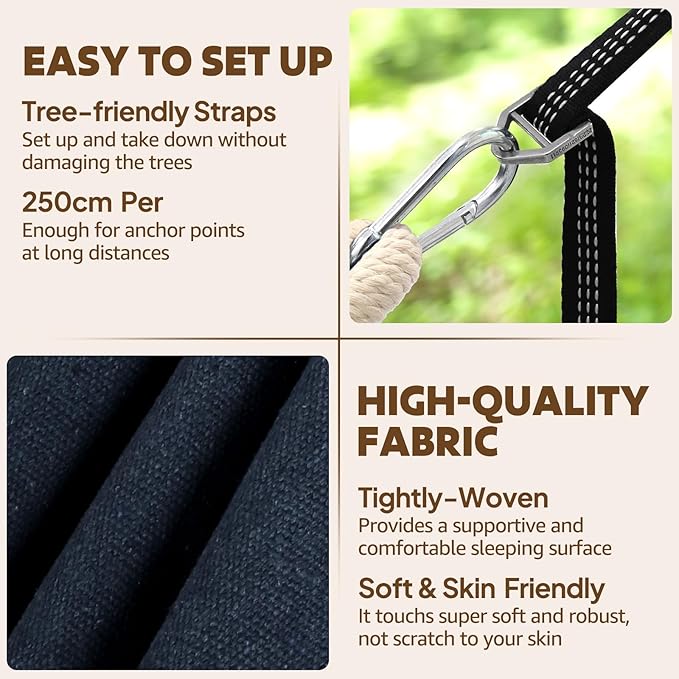 Chihee Cotton Hammock Large Soft Breathable Camping Hammock Holds Up to 660lbs Portable Tree Hammock with Detachable Spreader Bar Pillow 2 Strong Webbings 2 Carabiners Patio Garden Indoor Outdoor